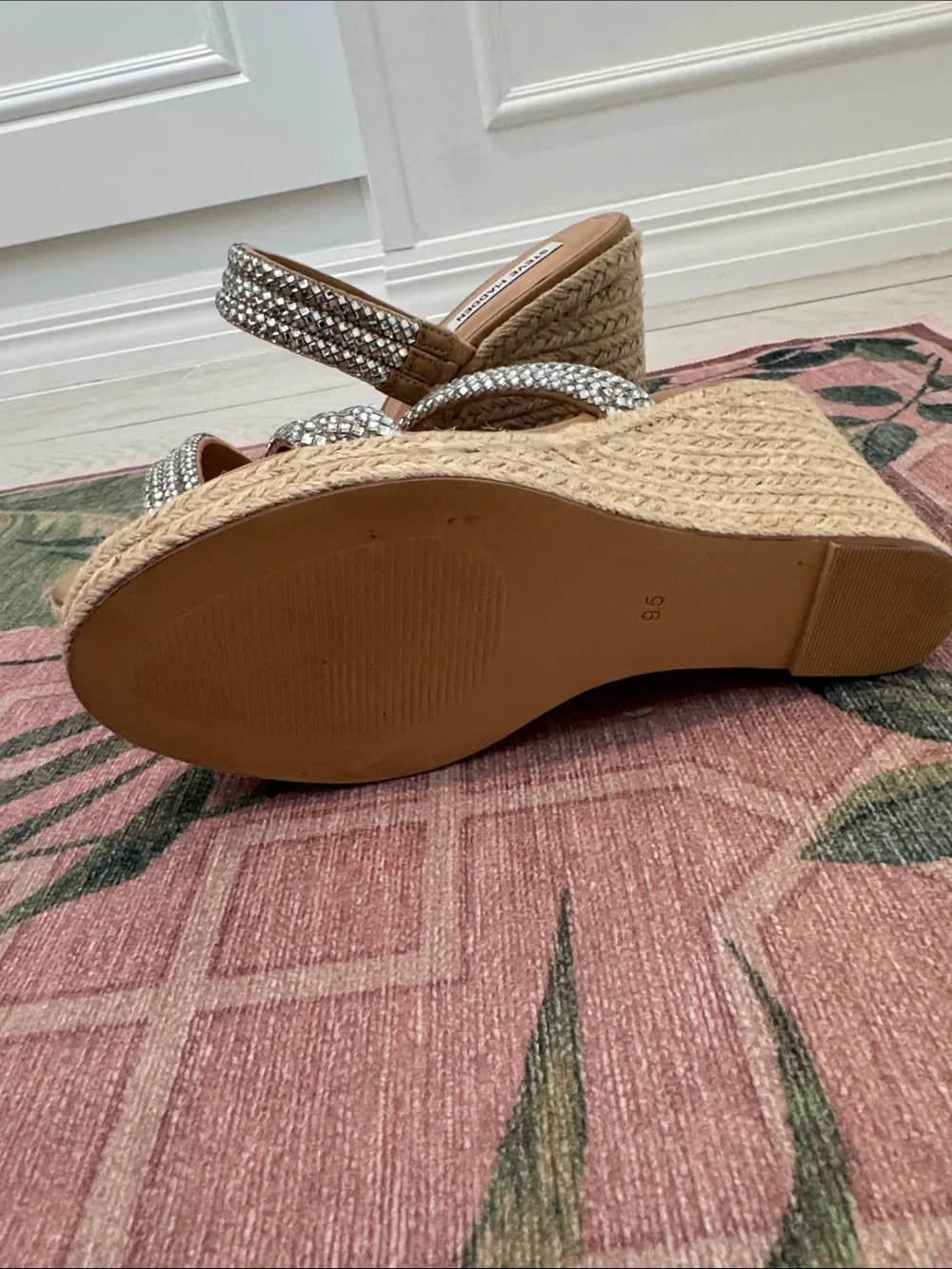 Steve Madden Tan Espadrille Wedge Sandals with Silver Rhinestone Straps 9.5